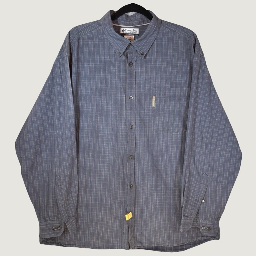 Columbia Shirt XXL Long Sleeve Gray Blue Plaid Button-Up Outdoor Travel Cotton‎